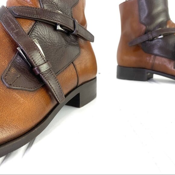 PRADA SAFFIANO BROWN SHOE  2 TONE POLISH LEATHER ANKLE BOOTS BLOCK STRAPPY MEN 6 - Picture 11 of 17